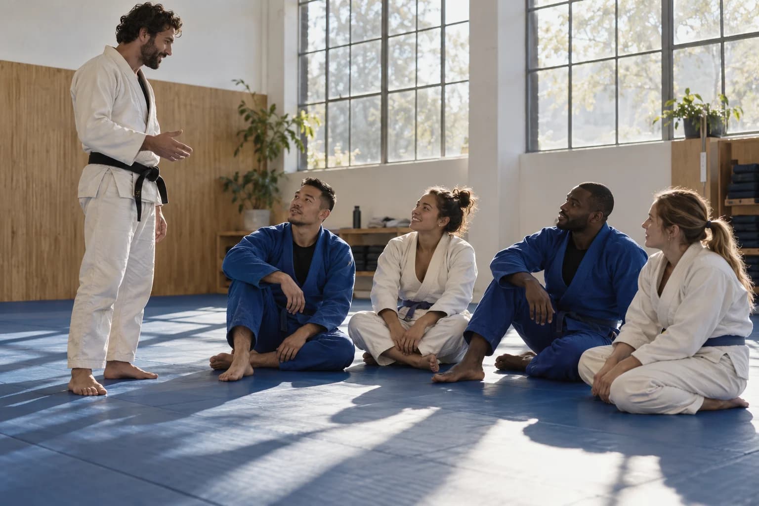 Equipo de adultos con kimono en un tatami luminoso